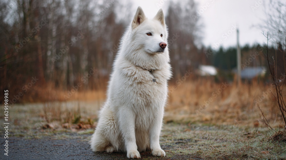 Obraz premium A fluffy white Samoyed dog sits alert on a narrow path during a misty morning. The dog gazes into the distance, with trees and houses visible in the background.