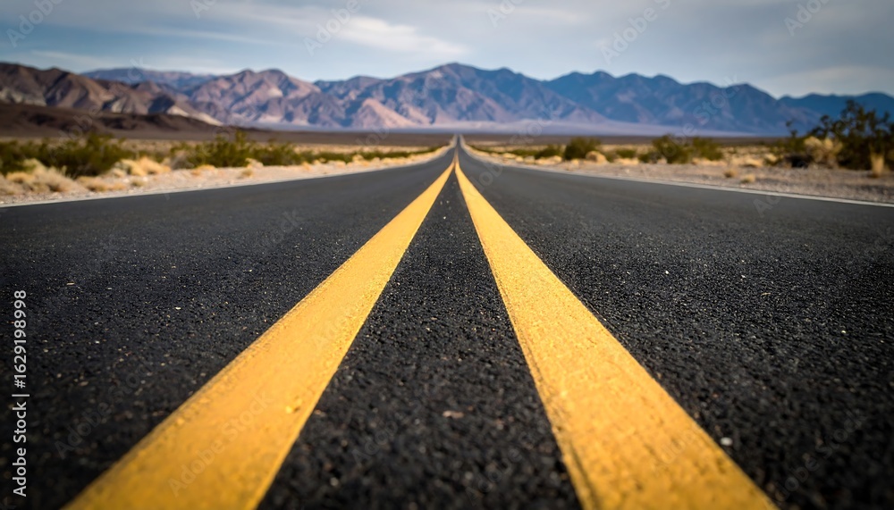 Fototapeta premium Open Road to Mountains Asphalt highway with yellow lines and scenic desert landscape.