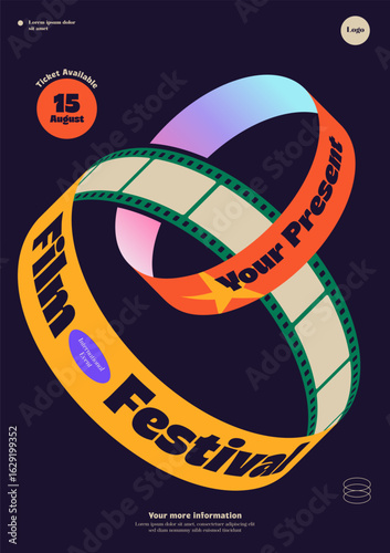 Movie festival poster template design background. Vintage retro isometric filmstrip. Can used for flyer, banner, brochure, print, invitation, advertisement, vector illustration