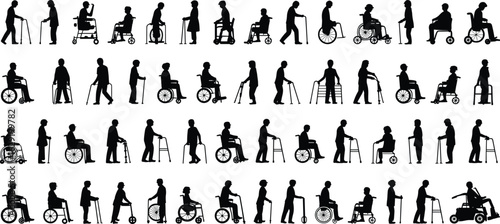 ilhouettes of elderly people using wheelchairs, walkers, and canes, mobility aid users, senior health care, disability support, aging population