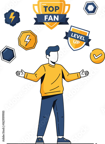 Man with Achievement Badges and Trophies.