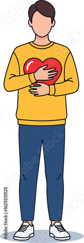 Person holding a red heart with both hands wearing a yellow sweater and blue pants.