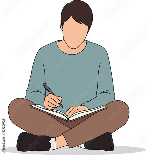Person sitting crosslegged writing in a notebook with a pen 1.