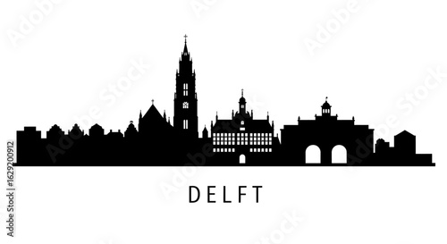 Delft Skyline Silhouette Vector with Netherlands, and Black  White.
