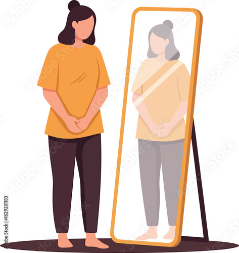 Woman Gazing at Reflection in FullLength Mirror.