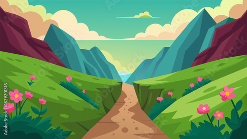 A deep sharp valley splits apart revealing a path that leads to a tranquil lush oasis full of vibrant blooming flowers..