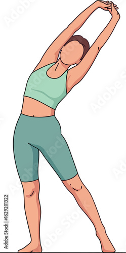 Woman in athletic wear stretching her body sideways with arms overhead.