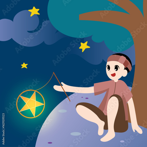 Chú Cuội Sitting on Banyan Tree – Vietnamese Folktale Illustration