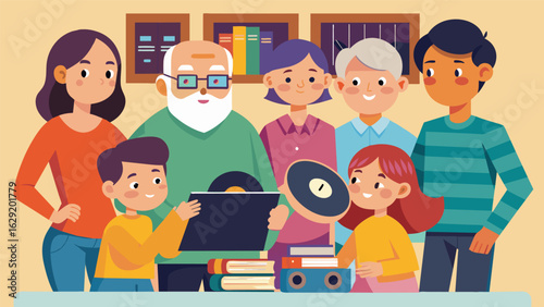A group of cousins gather around their grandparents record collection fascinated by the vintage covers and discovering a whole new world of music. Vector illustration