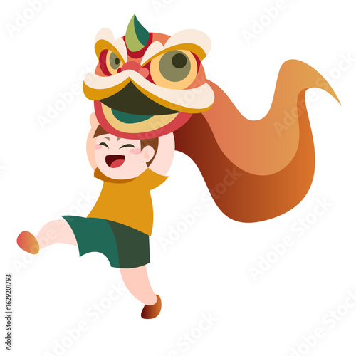 Boy Performing Lion Dance Illustration – Traditional Celebration