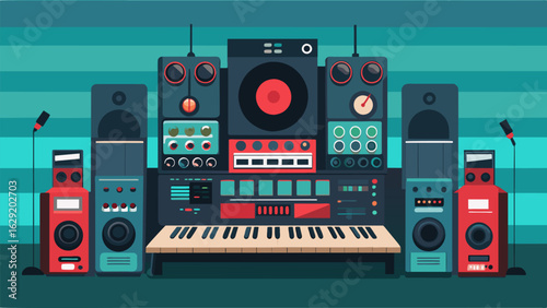 A professionalgrade highfidelity sound system used in recording studios with studio monitors and mixers for clear and accurate sound reproduction. Vector illustration