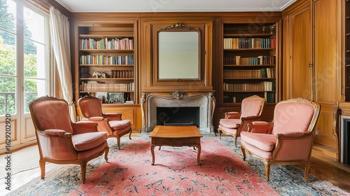 A classic  elegant library room with wooden bookshelves  vintage armchairs  a central wooden table  and a large mirror above a marble fireplace.