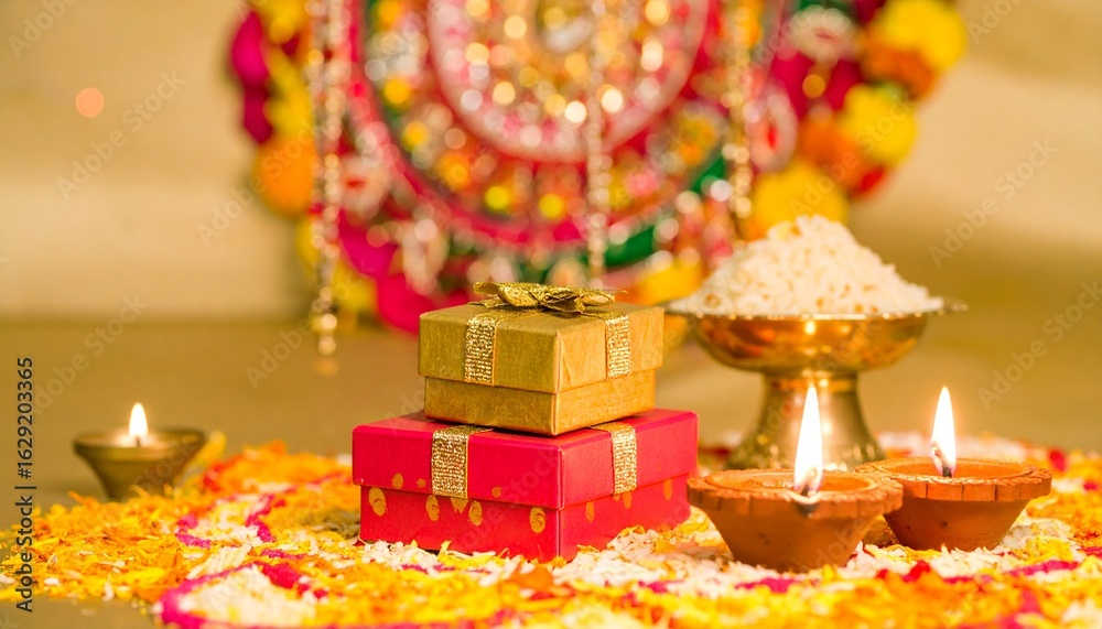 Naklejka premium Diwali celebration: A golden gift box stacked on a red box, rice in a brass bowl, and lit diya lamps on a colorful flower rangoli.