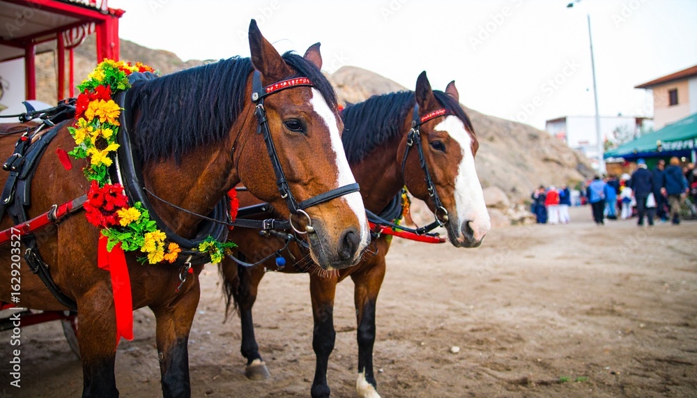 Obraz premium Two harnessed brown horses with festive floral decorations wait to pull a tourist carriage.