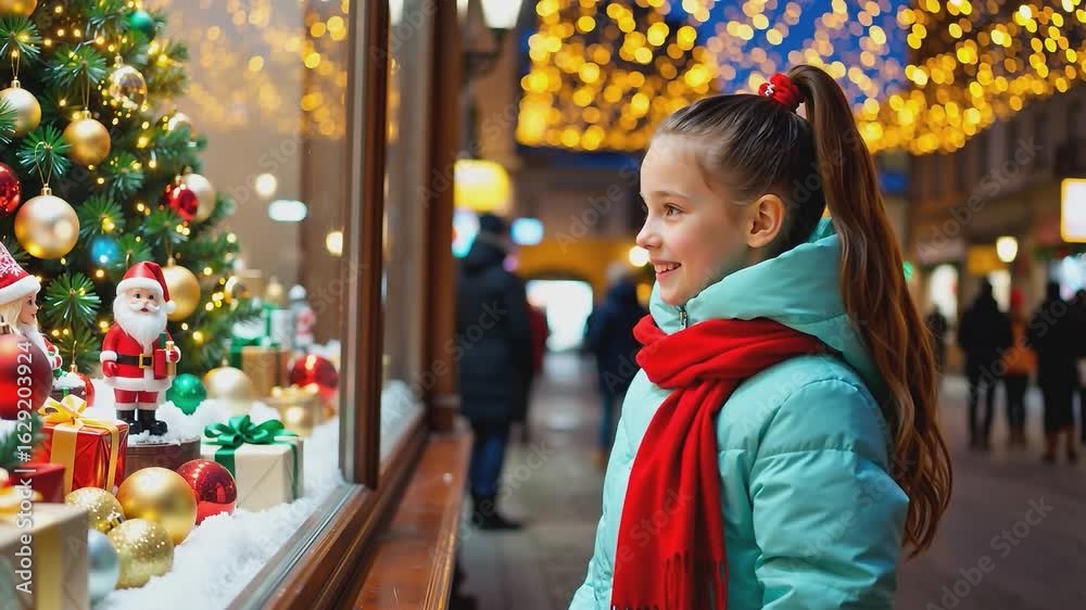 A young girl dressed warmly in a light blue winter coat and bright red scarf stands mesmerized in front of a beautifully decorated Christmas store window. The display features festive ornaments, minia