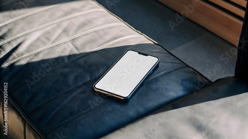 Smartphone with a blank white screen placed on couch