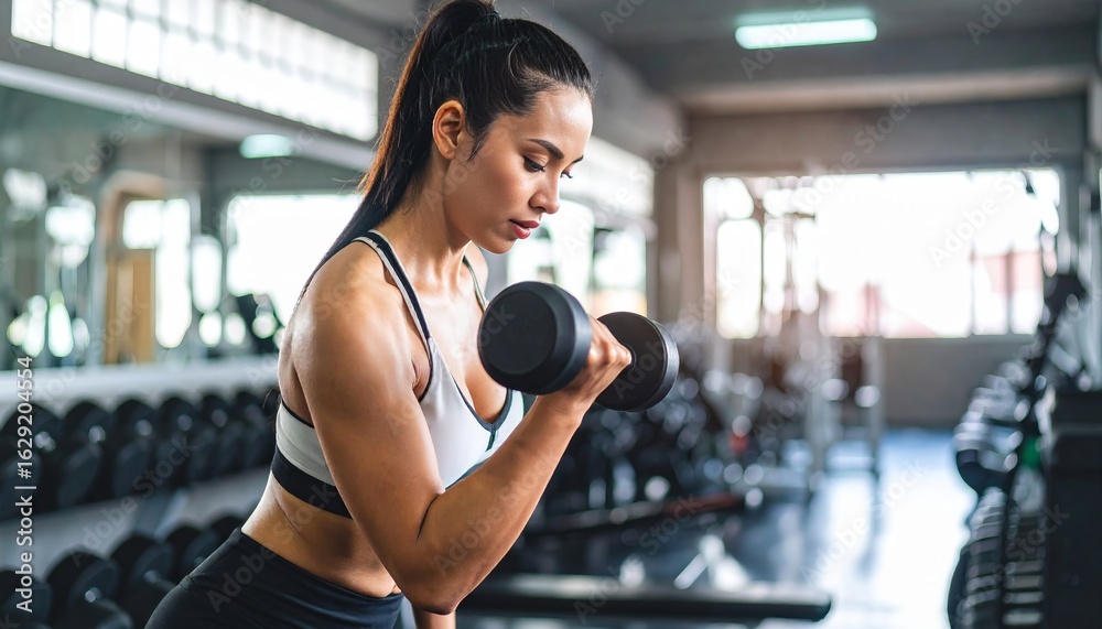 Fototapeta premium Fit and muscular young European woman intensely focused while lifting a dumbbell in a modern gym, wearing athletic wear, strength training, determination, health and fitness concept