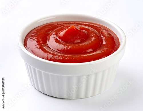 A small white bowl of red condiment, swirled in the center