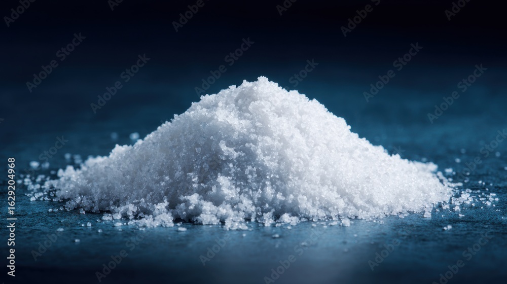 Fototapeta premium A mound of fine white salt rests on a textured blue surface, illuminated by soft natural light. The scene captures the purity and crystalline structure of the salt grains.
