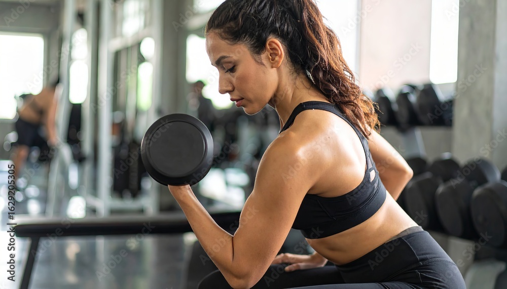 Fototapeta premium Fit and muscular young European woman intensely focused while lifting a dumbbell in a modern gym, wearing athletic wear, strength training, determination, health and fitness concept