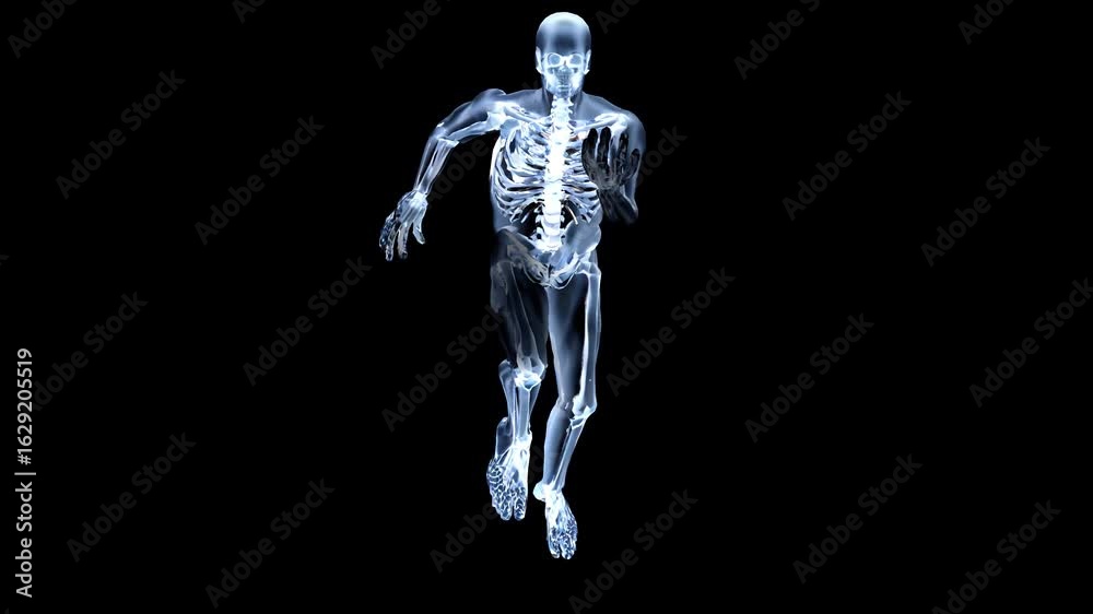 3D model of a running male human skeleton. 3D model of a running male human skeleton.
