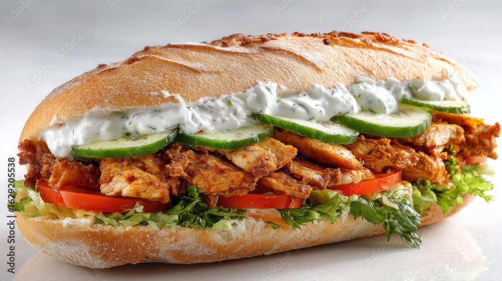 A mouthwatering chicken sub sandwich features grilled chicken, fresh lettuce, sliced tomatoes, and cucumbers, all drizzled with a creamy dressing. Perfect for lunch or a snack. A mouthwatering chicken sub sandwich features grilled chicken, fresh lettuce, sliced tomatoes, and cucumbers, all drizzled with a creamy dressing. Perfect for lunch or a snack.