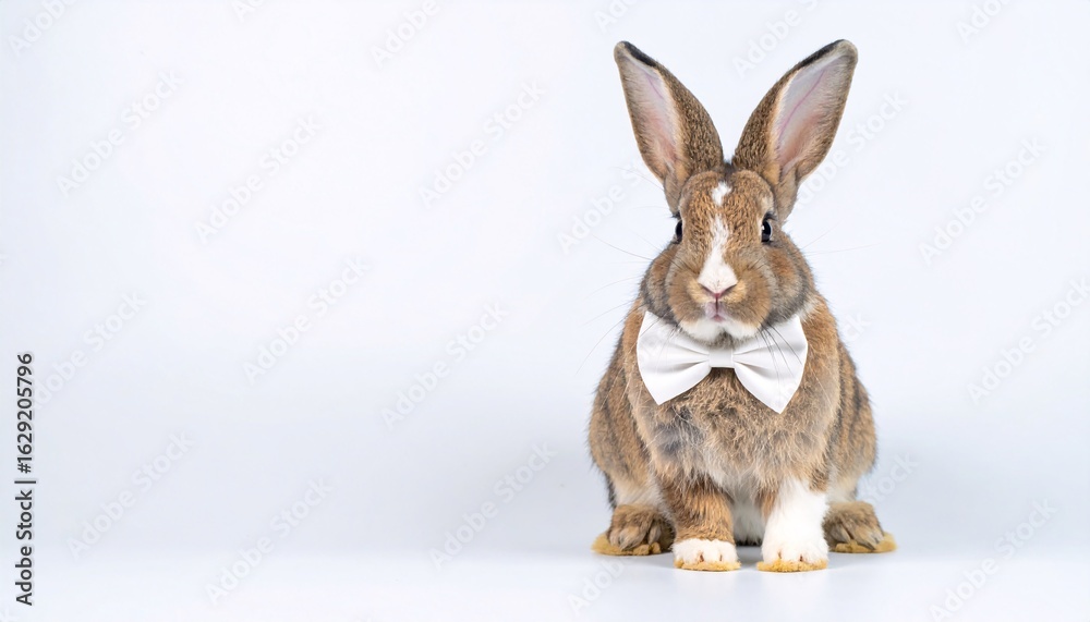 Fototapeta premium Cute rabbit is wearing a bow tie and sitting on a white surface