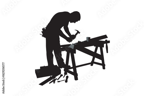Silhouette of a carpenter working diligently at a workbench with tools crafting wood with a hammer and saw representing skilled craftsmanship and manual labor