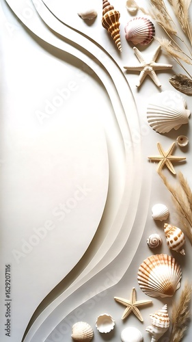 Beach theme with seashells starfish and sand texture on white background