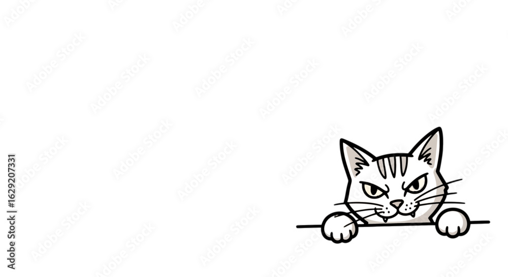 Obraz premium A simple black and white illustration of a cat peeking over a border.