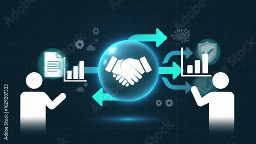 Dynamic data flow visualized with glowing sphere and branching arrows on digital grid background