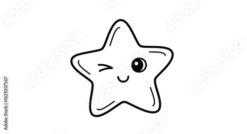 A cute star with a winking eye and a smiling face, outlined in black on a white background.