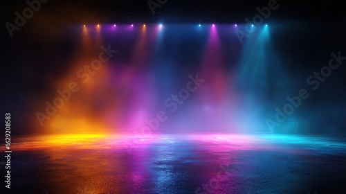 Wallpaper Mural Vibrant colored lights illuminate a misty stage, setting a dramatic and atmospheric scene for an upcoming performance. The combination of hues creates a captivating spectacle. Torontodigital.ca