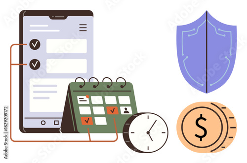 Smartphone with checklist, calendar marked with events, clock, shield for security, and coins for financial concepts. Ideal for productivity, planning, budgeting, time management security