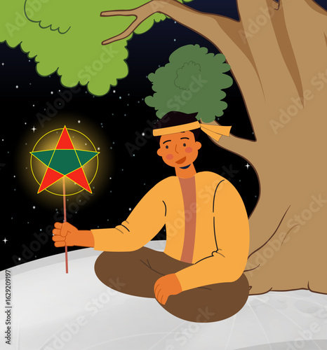 Chú Cuội Sitting on Banyan Tree – Vietnamese Folktale Illustration