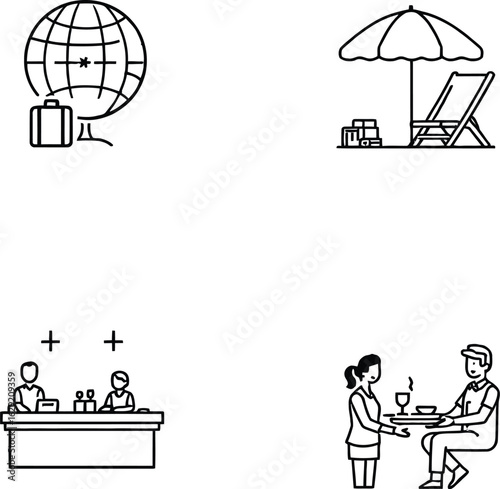Monochrome Travel Moments: Globe, Beach, Reception, and Dining Scenes Depicting Planning, Leisure, Hospitality, and Culinary Experience  vector 