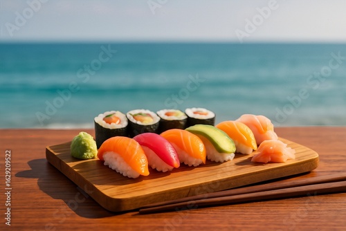 Elegant Sushi Platter with Ocean View Background, Gourmet Japanese Cuisine Outdoors.