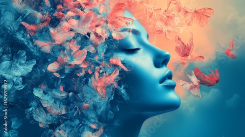 Abstract portrait of a woman with colorful butterflies surrounding her head.  Concept of dreams, imagination, and freedom.