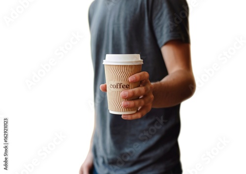 Man offering a disposable coffee cup with the word coffee printed on it