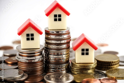 Miniature houses perched on stacks of coins symbolizing real estate investment