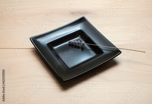 Minimalist black square plate with a single lavender sprig on wood