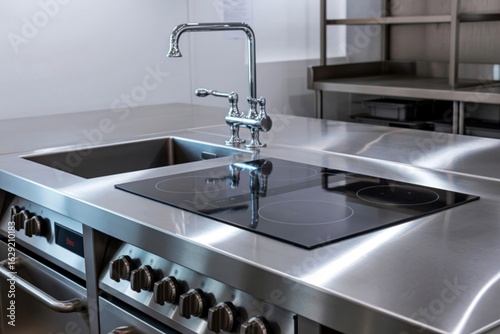 Modern stainless steel kitchen countertop with induction cooktop and faucet