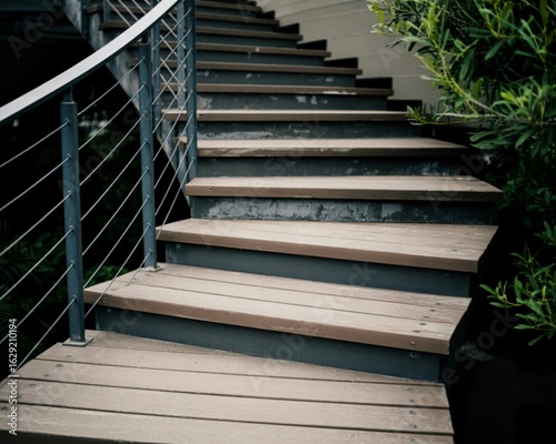 Modern outdoor wooden stairs with metal railing and lush greenery