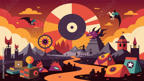 A postapocalyptic wasteland where the only form of entertainment is a carnival run by creatures with bodies made from mosaic vinyl records. Vector illustration