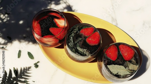 Summer berry drinks, marble, sunlight, refreshment, tray