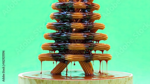 Churros tree dessert, chocolate sauce, green background, studio shot, food photography