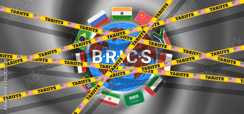 Vector flags, planet earth and BRICS inscription. Tariff warning yellow tapes. Sanctions. Economy and business. Brazil, Russia, India, China, South Africa. Political poster. 11 countries and US
