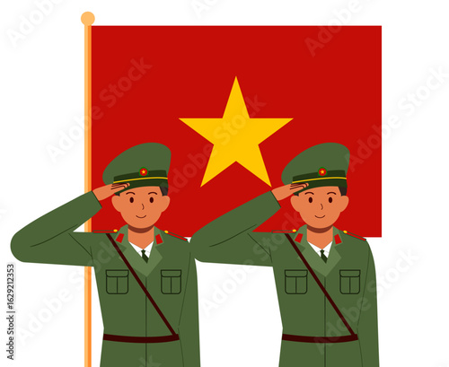 Vietnamese Soldiers Standing in Respectful Flag Salute Illustration