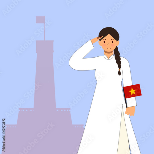 Vietnamese Woman in Ao Dai Saluting the Flag on National Day Illustration