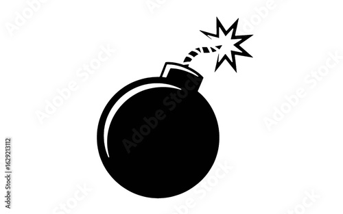 Black Bomb Icon with Lit Fuse on White Background explosion